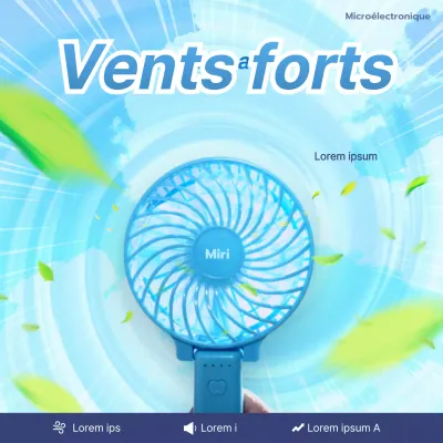 Publicité pour un ventilateur à main avec des vents puissants pour un typhon aux tons bleus