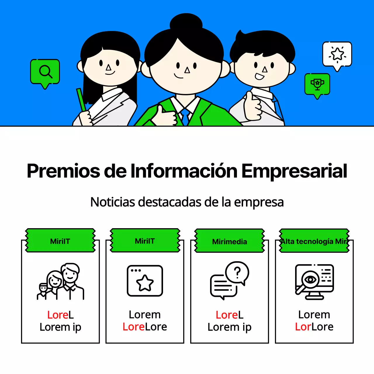 Listados de empleo de empresas de TI con bonitas y sencillas ilustraciones empresariales en azul claro y chartreuse.
