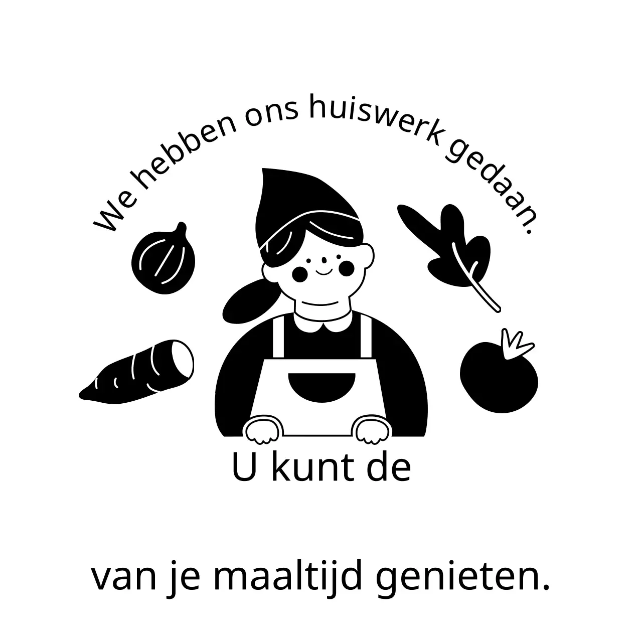 Een ontwerp met de tekst voor bezorging in zwart met illustraties van schattige mensen en gekleurde ingrediënten.