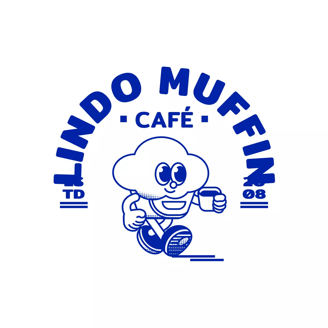 Una sencilla y simpática ilustración de un cupcake en azul marino con un logotipo en forma de emblema de cafetería