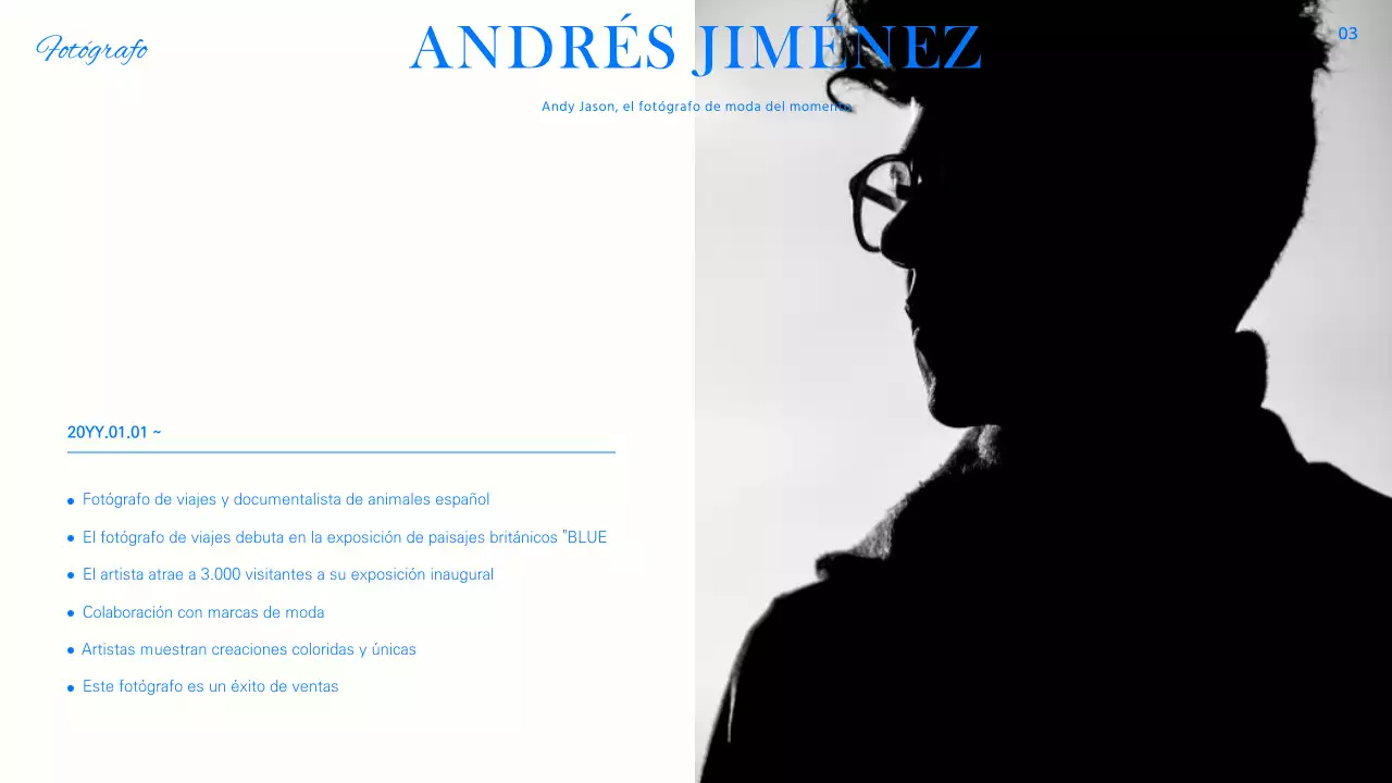 Moderno reportaje en azul, negro y blanco