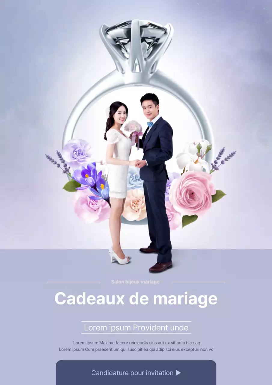 Promouvoir un salon du mariage avec une photo mauve d'un couple en train de se marier
