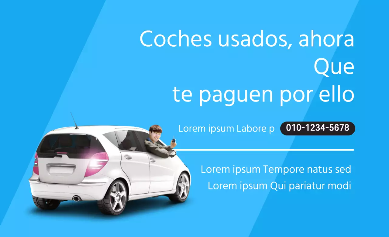 Estilo de texto sencillo en azul claro y blanco con información sobre el centro de vehículos de ocasión