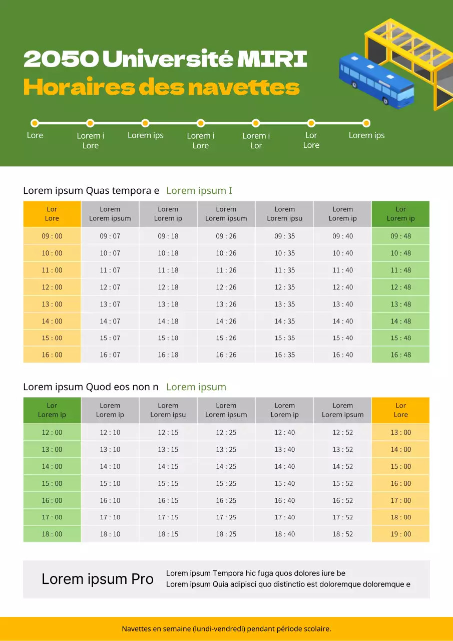 Annonce des horaires des navettes universitaires de base vert lime et jaune