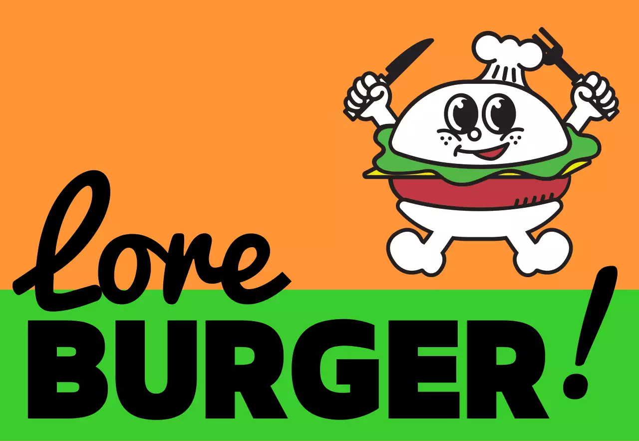 Une signalétique unique en magasin avec un texte Meal Burger coloré et multicolore et des personnages mignons représentant des hamburgers.