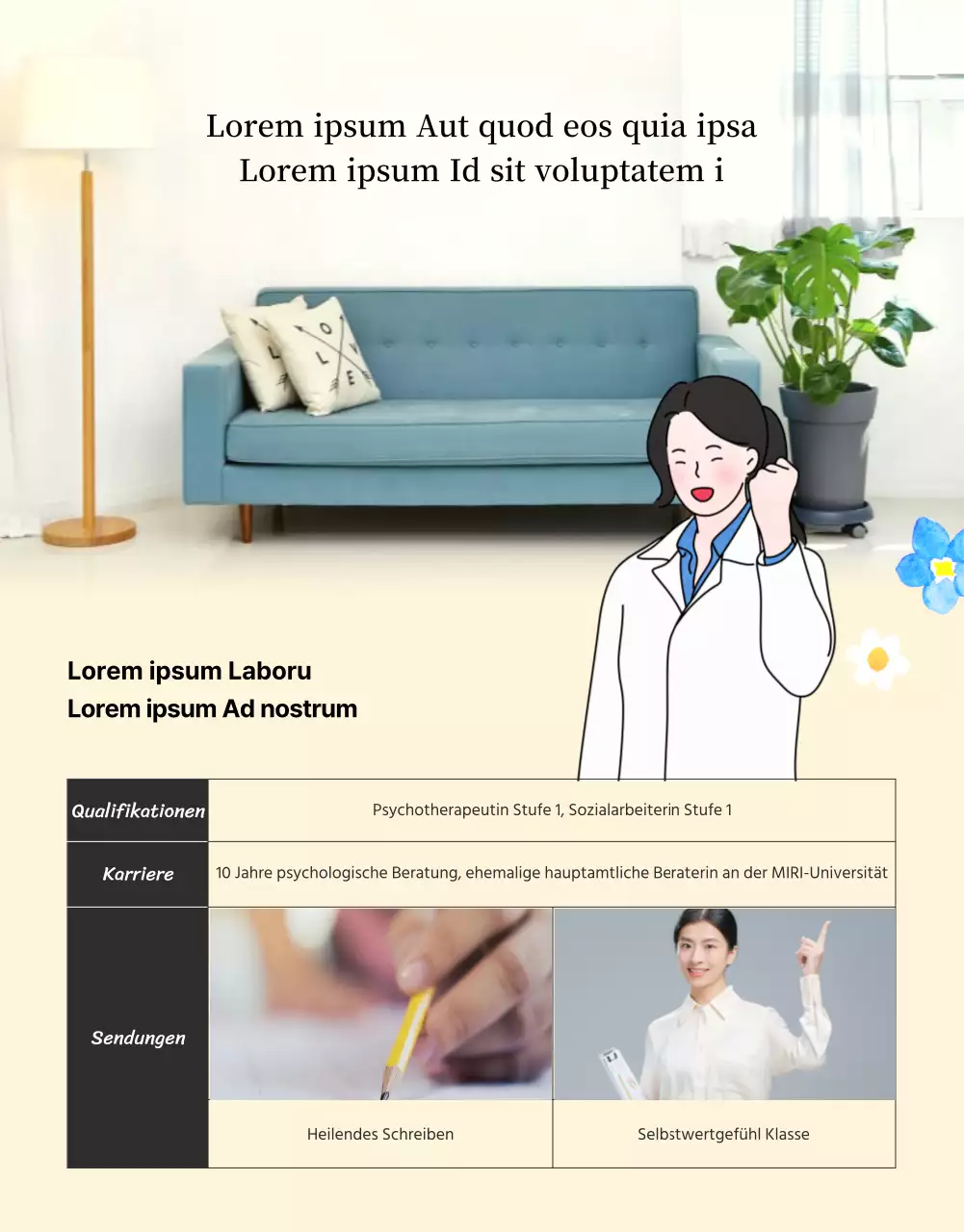 Ein jugendpsychologisches Beratungszentrum mit warmen und einladenden Illustrationen in Beige und Grundfarben.