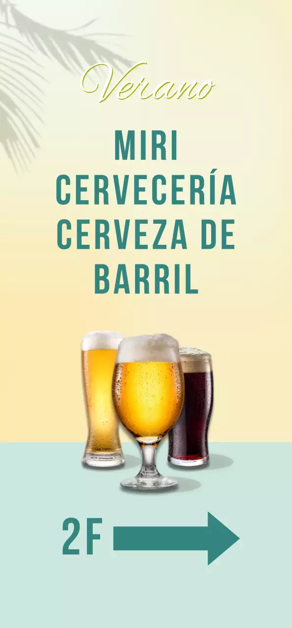 Banner con cerveza amarilla y sombra de palmera sobre fondo menta