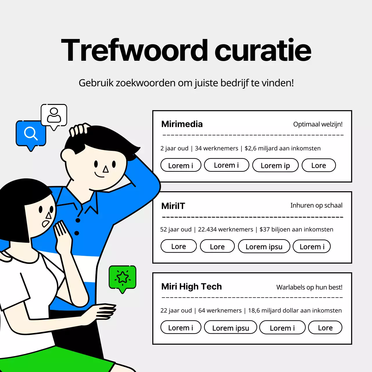 Vacatures bij IT-bedrijven met leuke en eenvoudige zakelijke illustraties in lichtblauw en chartreuse.