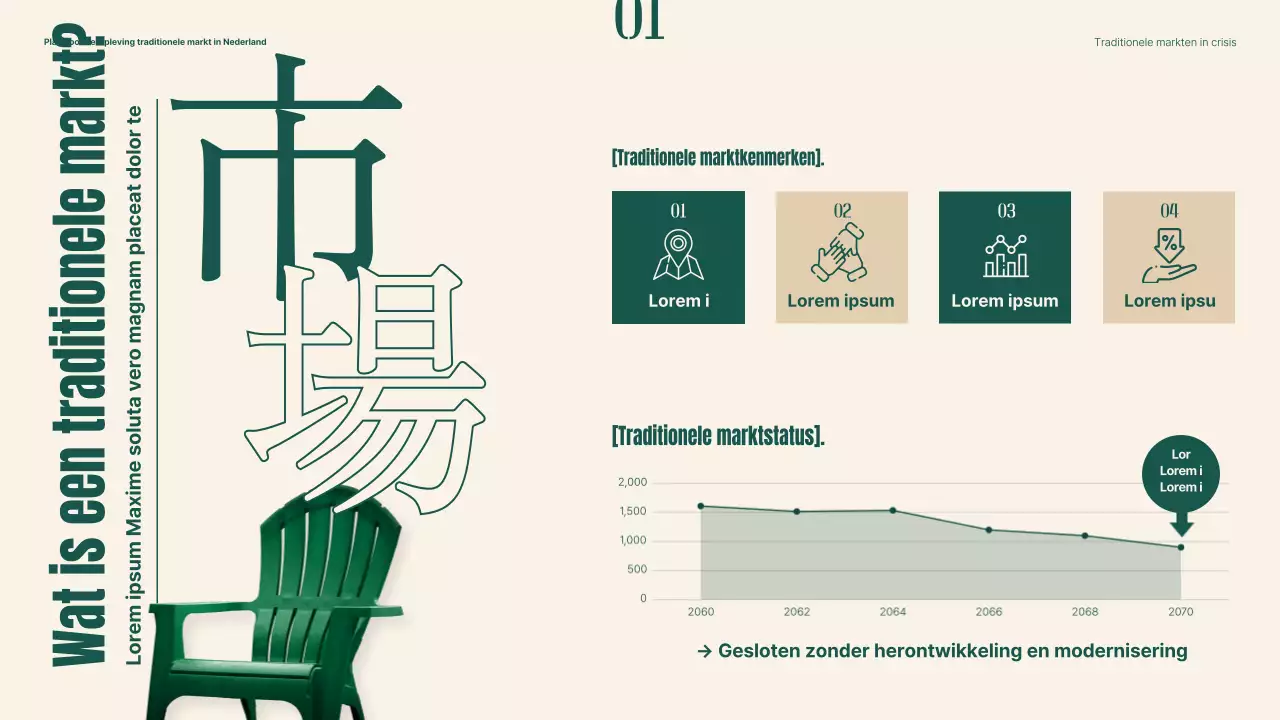 Plan om traditionele markten nieuw leven in te blazen met groene en beige objecten en typografie