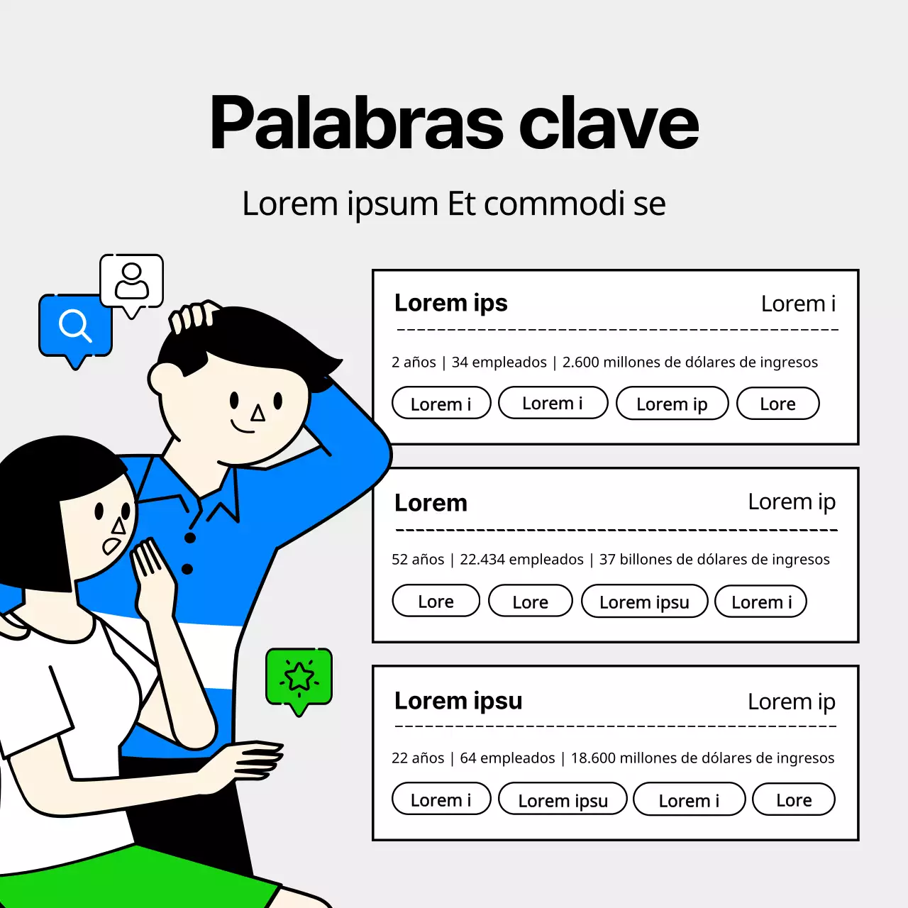 Listados de empleo de empresas de TI con bonitas y sencillas ilustraciones empresariales en azul claro y chartreuse.