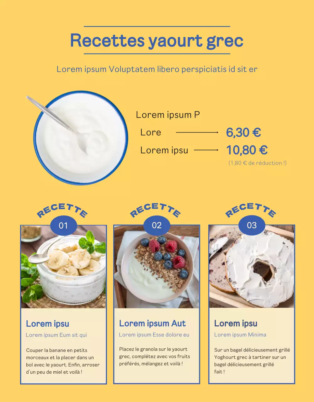 Yoghourt grec bleu, jaune, vif et propre page de détail
