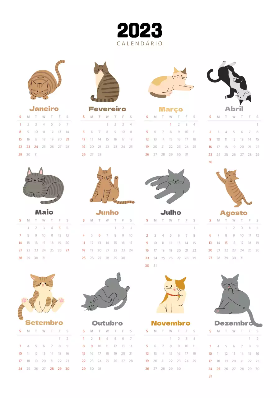 Um calendário com tipos de letra giros e ilustrações de gatos