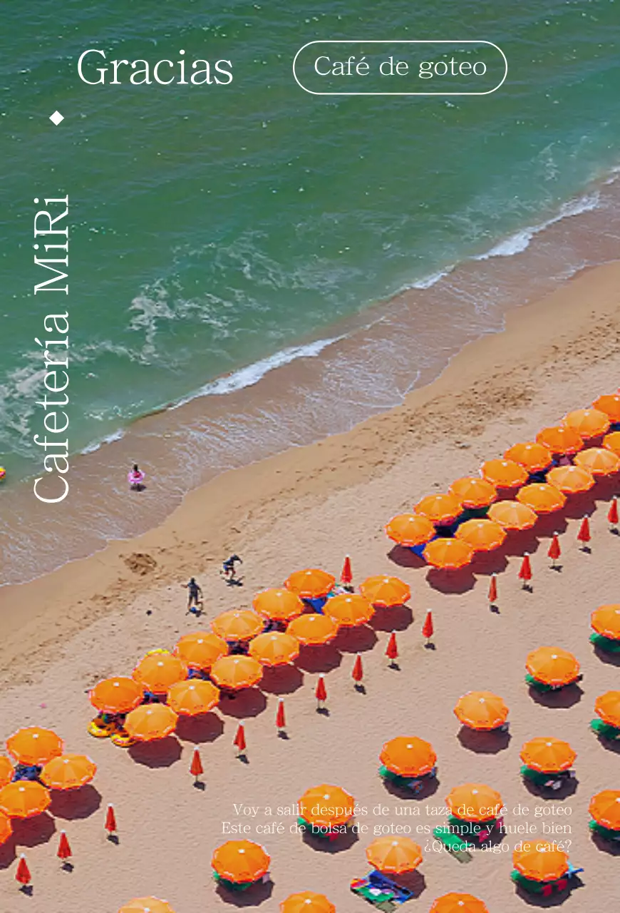 Promociona un café de playa veraniego con bonitas sombrillas naranjas