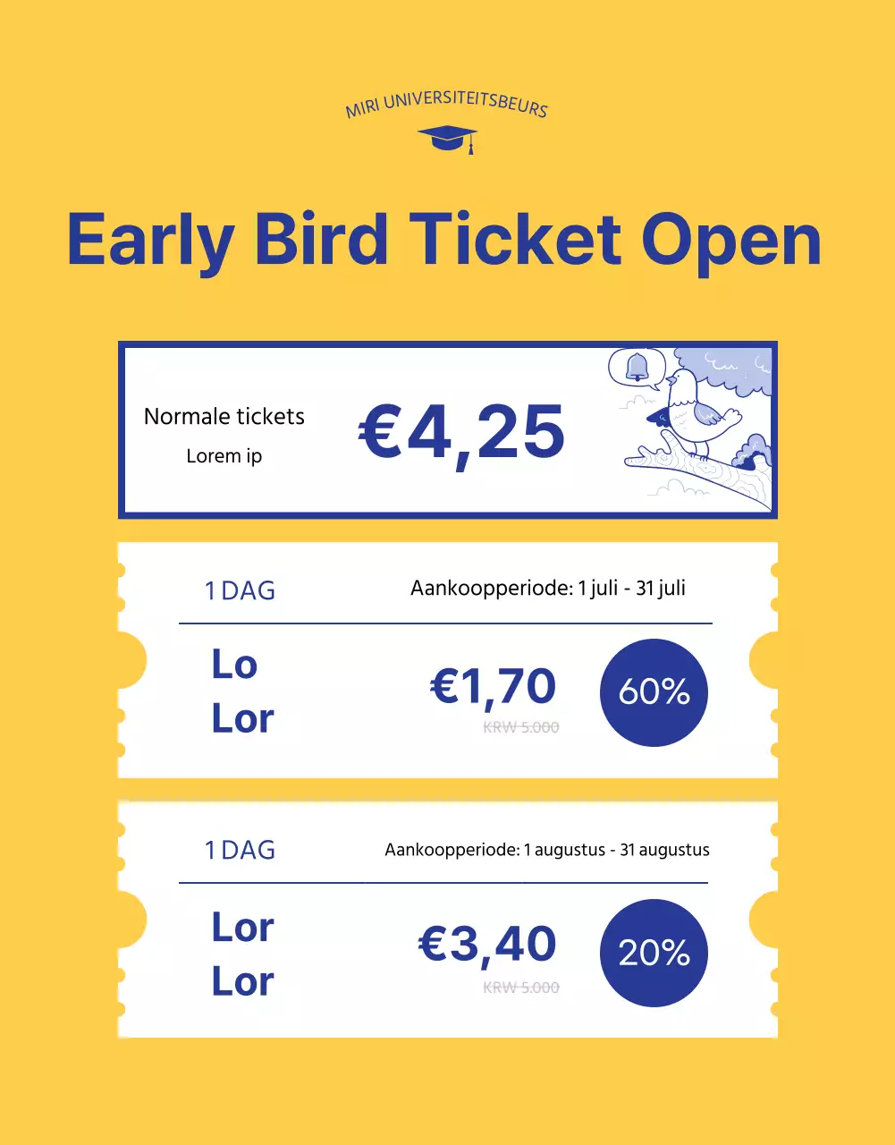 Blauwe en gele illustratie van een toelatingsbeurs voor universiteiten