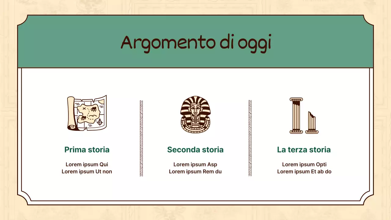 Le illustrazioni storiche in beige e verde evidenziano le lezioni di storia del mondo