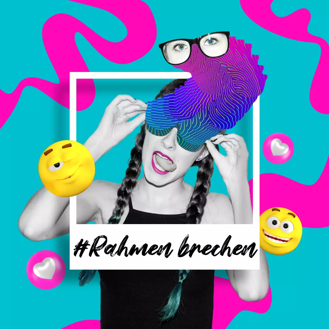 Artwork für ein kitschiges Polaroid-Fotokonzept in mintgrünem Pink.