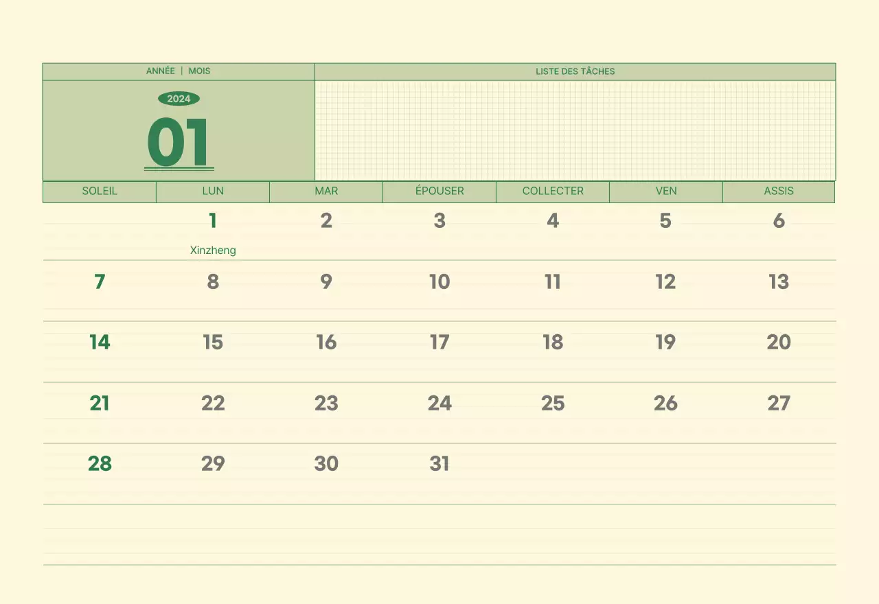 Calendrier mural SAT D-day notepad concept en vert et jaune clair