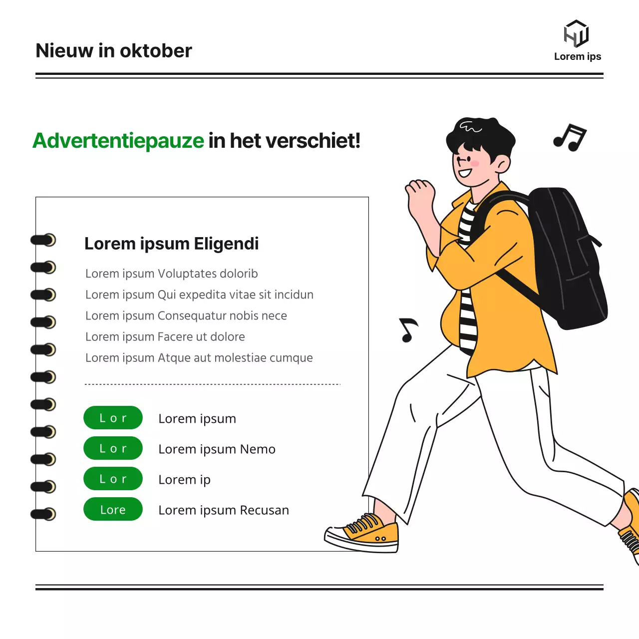 Een maandelijkse nieuwsbrief van een universitaire bachelorafdeling met een leuke, nette en eenvoudige blog in groen en oranje en monotone illustraties van Notion.