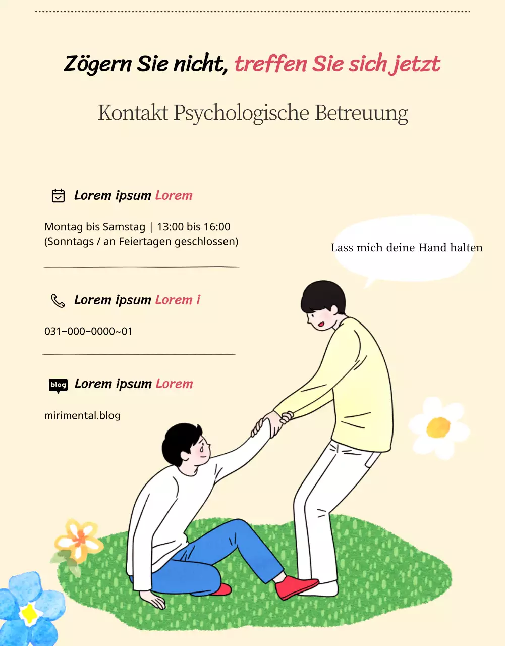 Ein jugendpsychologisches Beratungszentrum mit warmen und einladenden Illustrationen in Beige und Grundfarben.