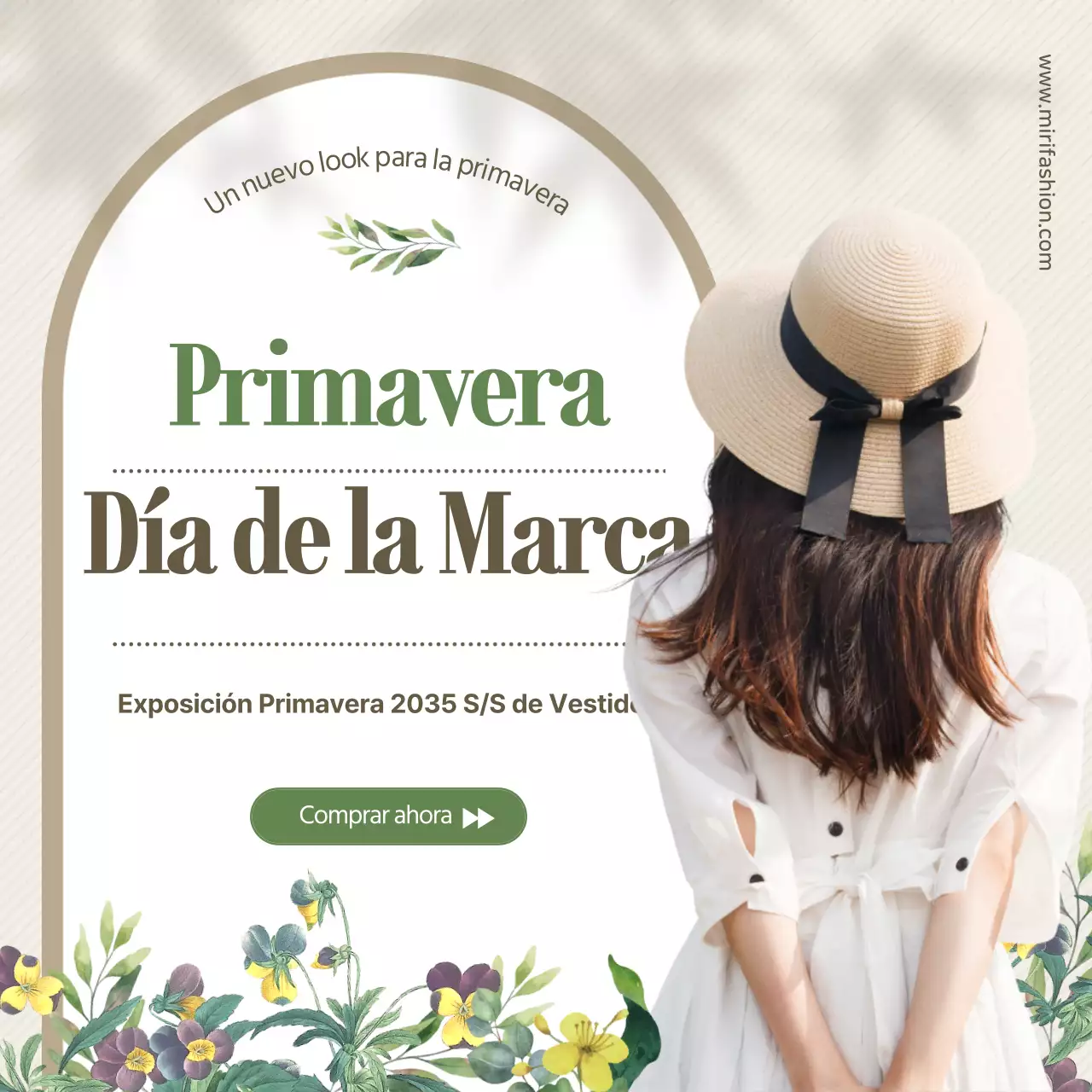 Vestidos primaverales con ilustraciones florales en colores beige y verde