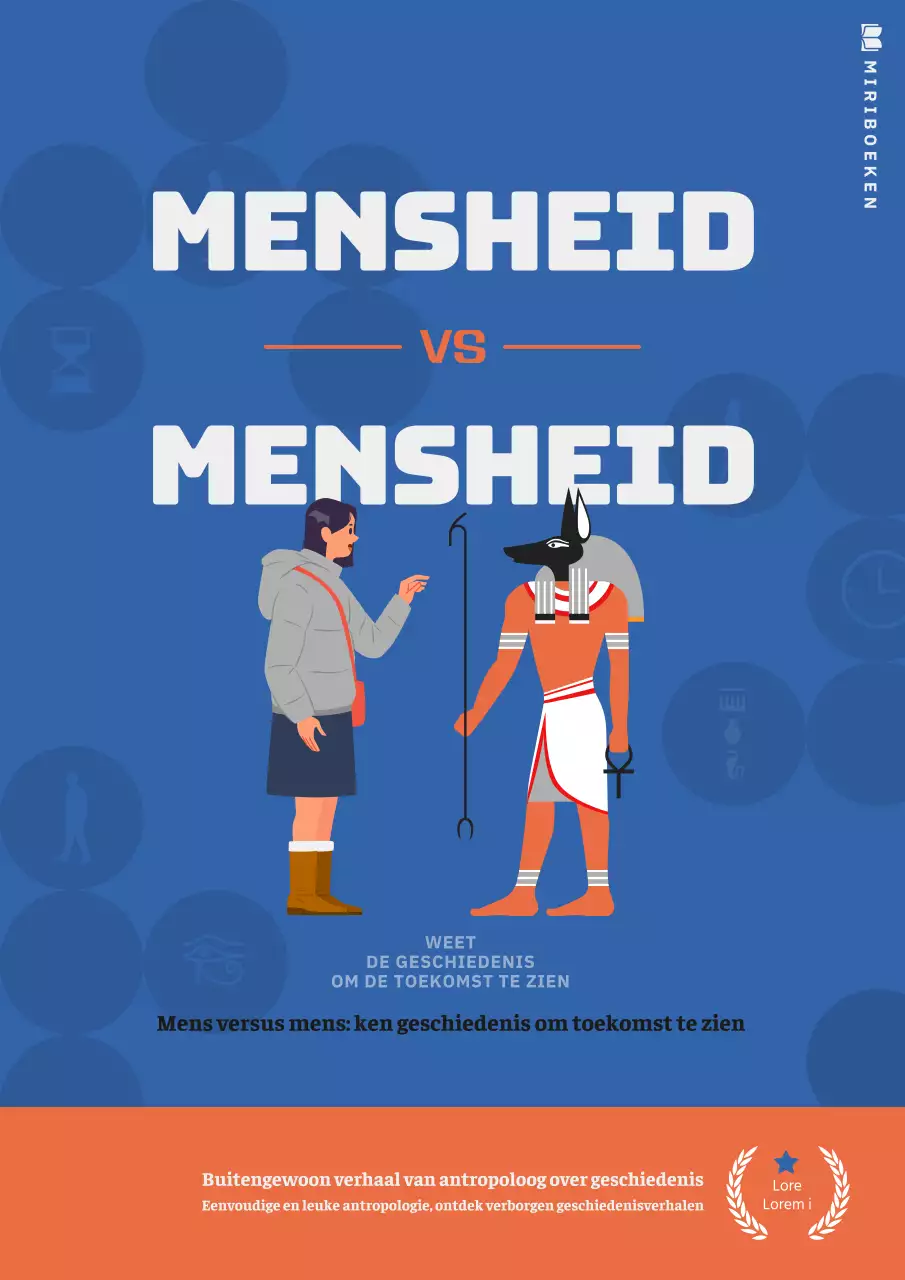 Antropologie- en geschiedenisverhalen met strakke tekst in blauw en oranje.