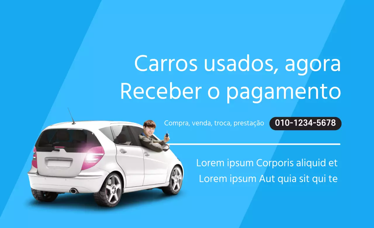 Estilo de apresentação de texto simples em azul claro e branco com informações sobre o centro de automóveis usados