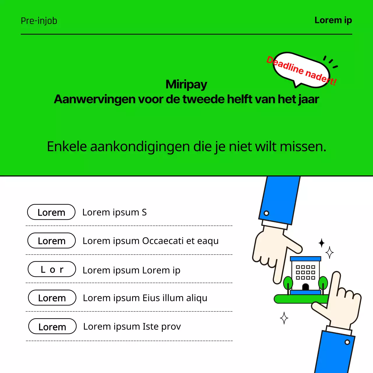 Vacatures bij IT-bedrijven met leuke en eenvoudige zakelijke illustraties in lichtblauw en chartreuse.