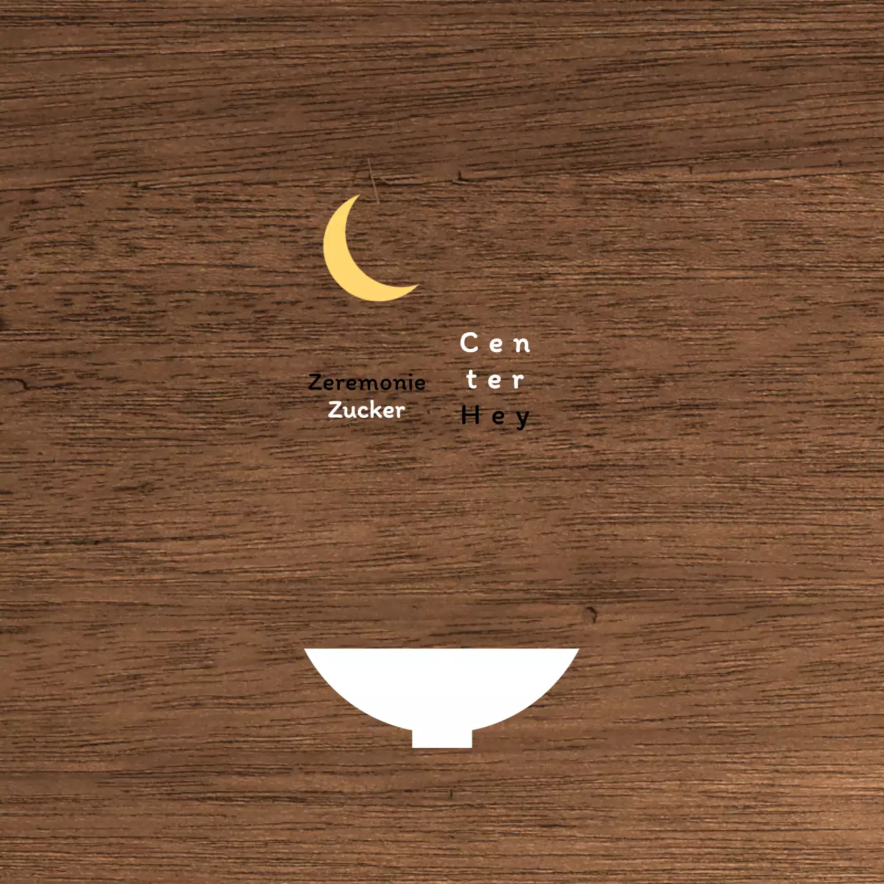 Ein einfaches, spätabendliches Restaurantschild mit weißem und gelbem Text und einer Illustration eines Kugelmonds.