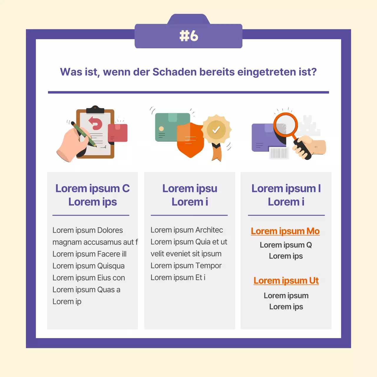 Lila, minimalistische Übersee-Direktwerbung - Schadensprävention erklärt