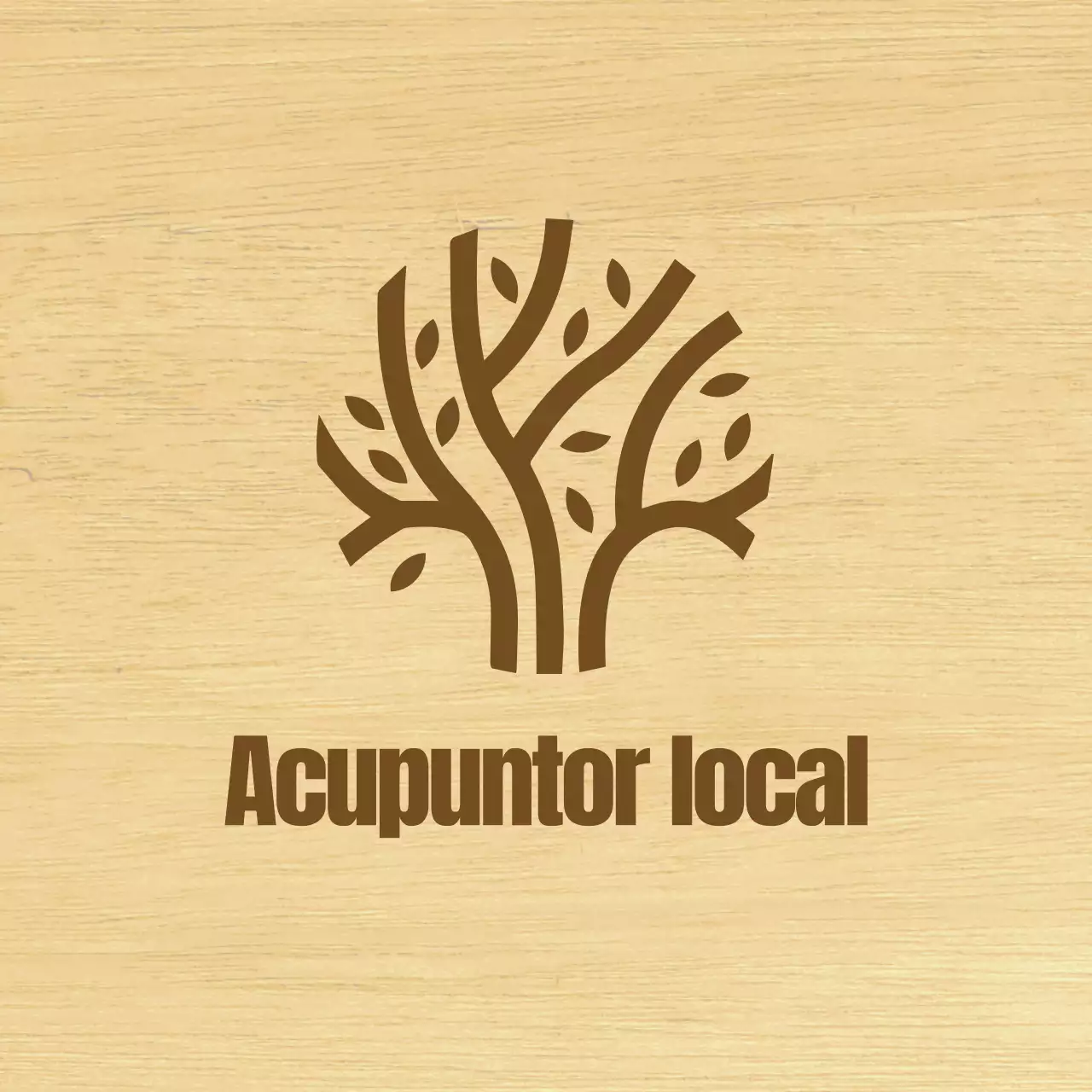 Un rótulo de aspecto elegante para una clínica de medicina oriental, con texto en marrón e ilustración de líneas de madera.
