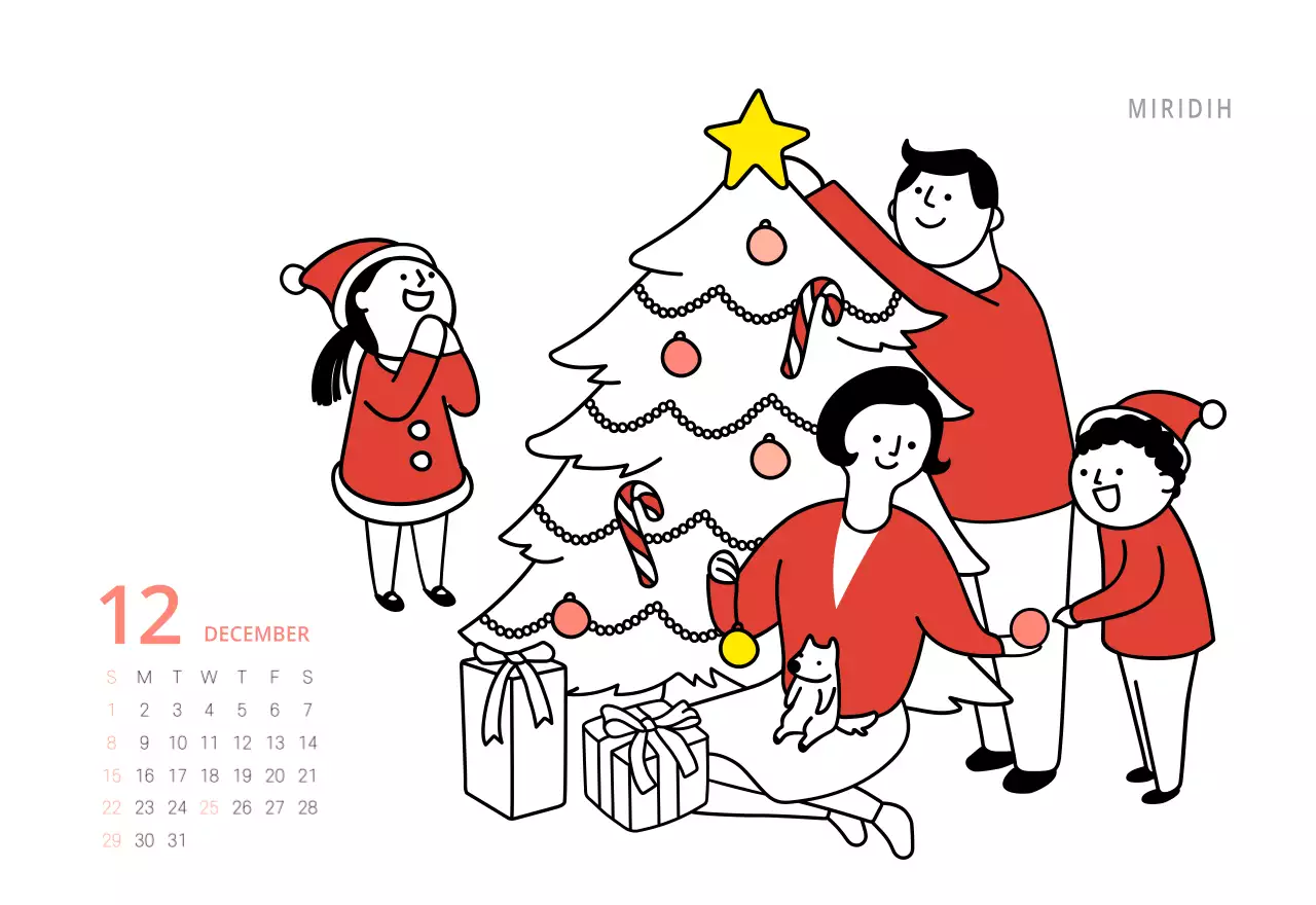 Schattige geïllustreerde groene bureaukalender met familiethema