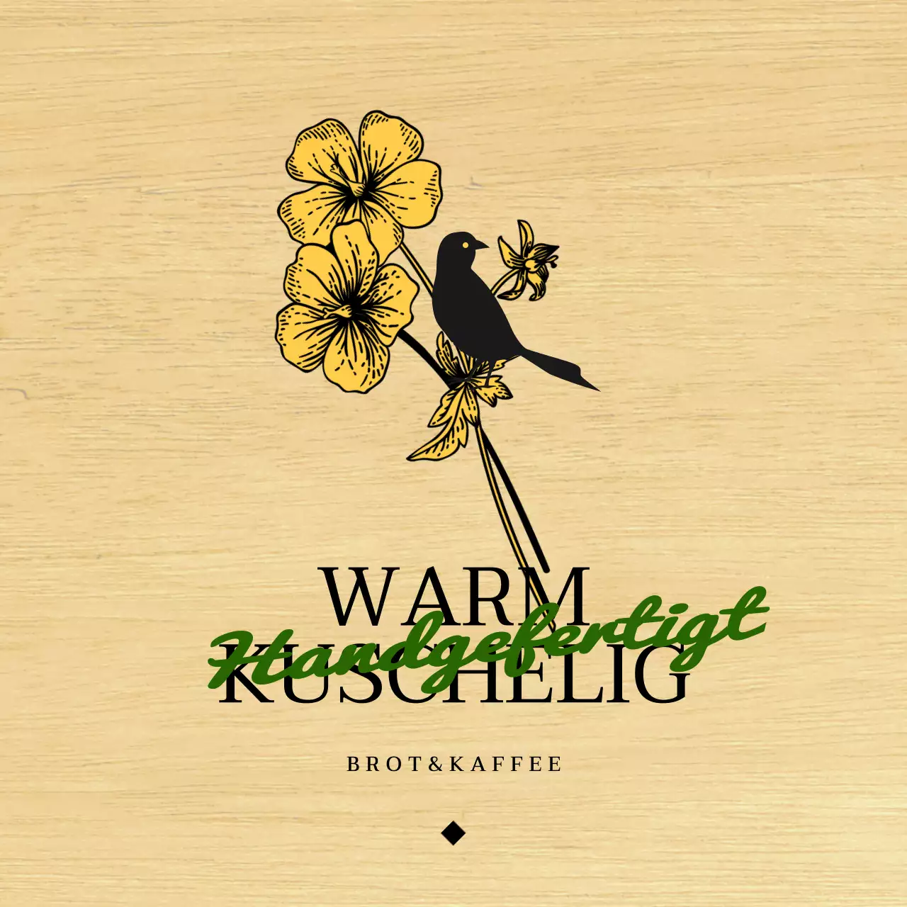 Emotionales Bäckerei-Café-Design mit schwarzen und gelben Blumen- und Vogelillustrationen