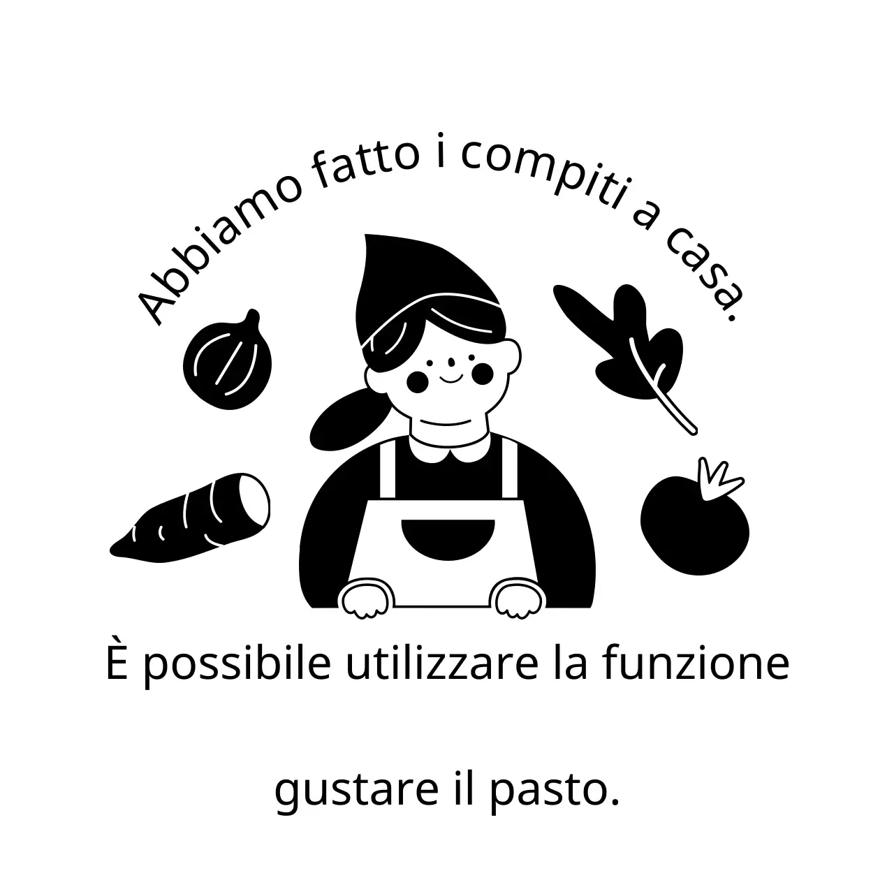 Un design con scritte di consegna in nero e illustrazioni di persone simpatiche e ingredienti colorati.