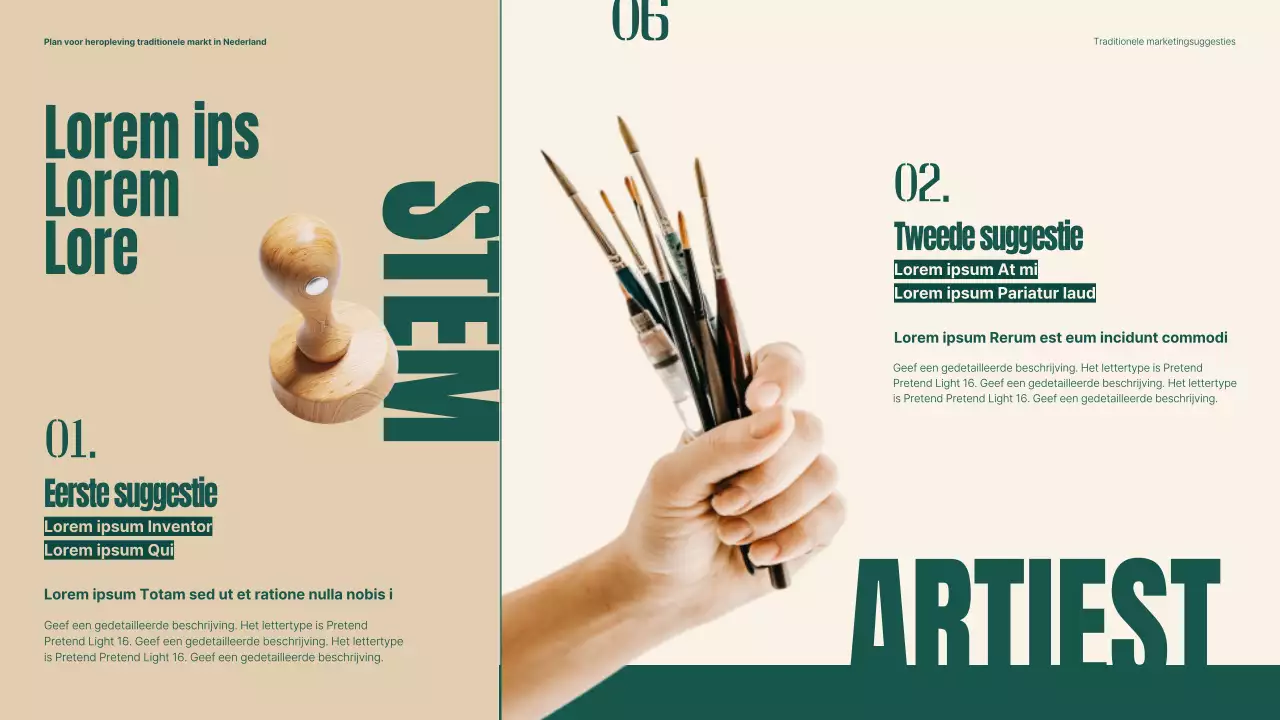 Plan om traditionele markten nieuw leven in te blazen met groene en beige objecten en typografie