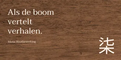 Houten werkplaatsontwerp met kanji-accenten in een lichtbeige tekststijl