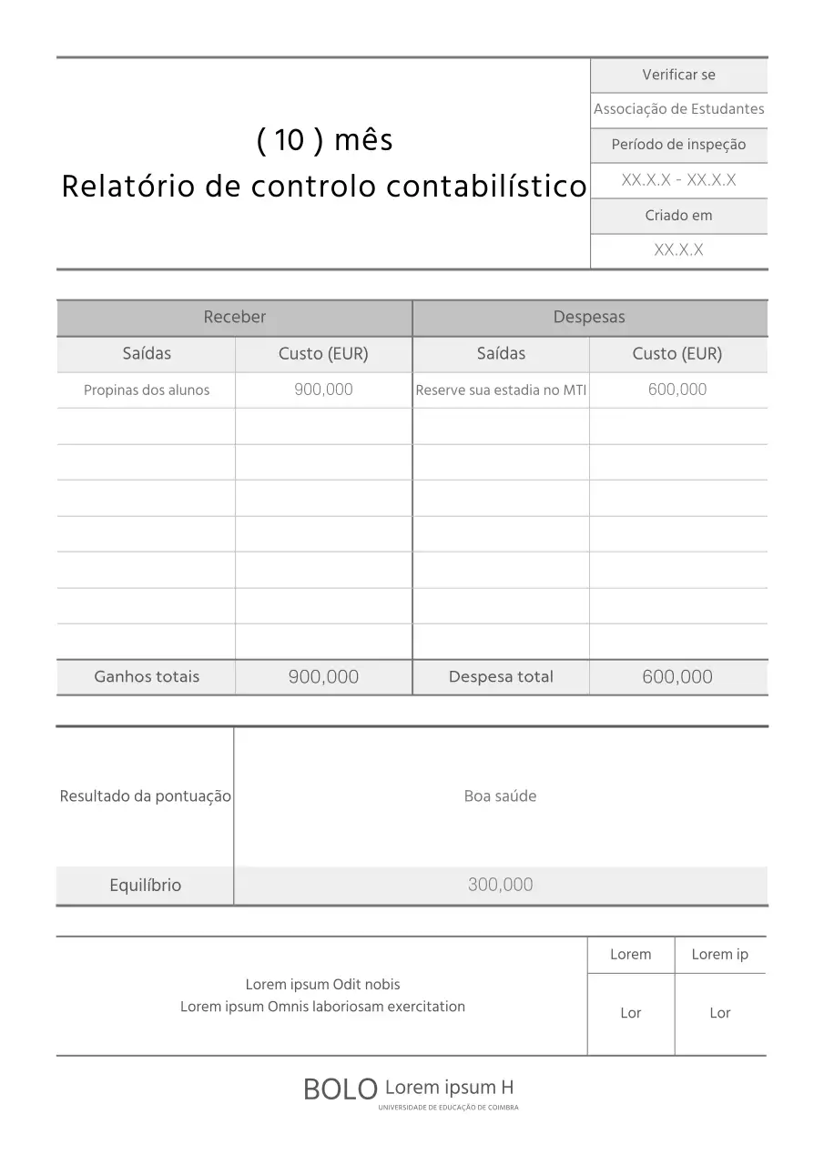 Relatório de inspeção de contabilidade de clube escolar a preto e branco, com linhas simples