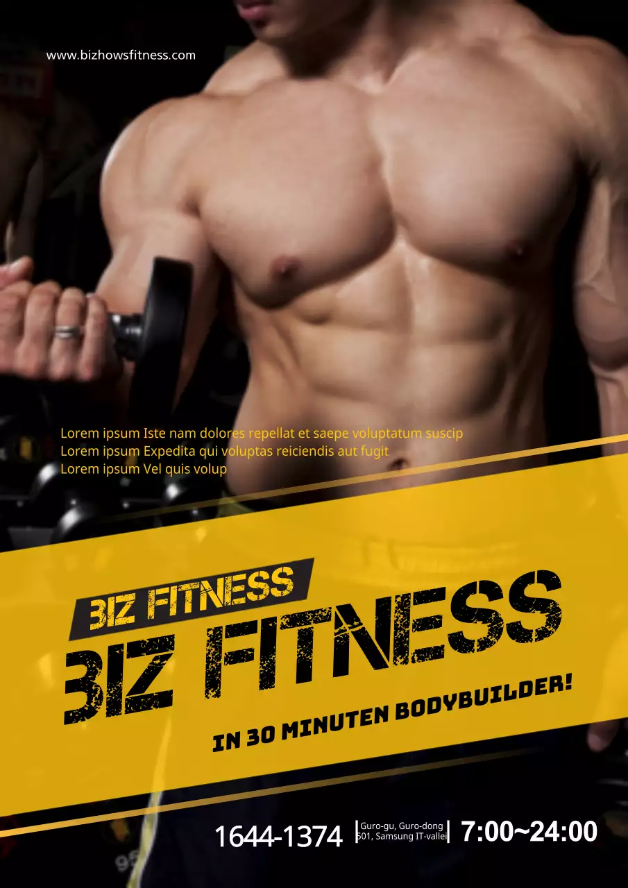 Promoot fitness met een gele foto van een bodybuilder die aan het trainen is