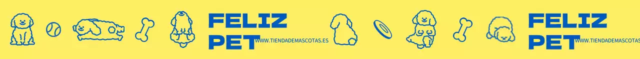 Diseño de tienda de artículos para mascotas con simpáticas ilustraciones amarillas y azules de artículos para perros y cachorros.