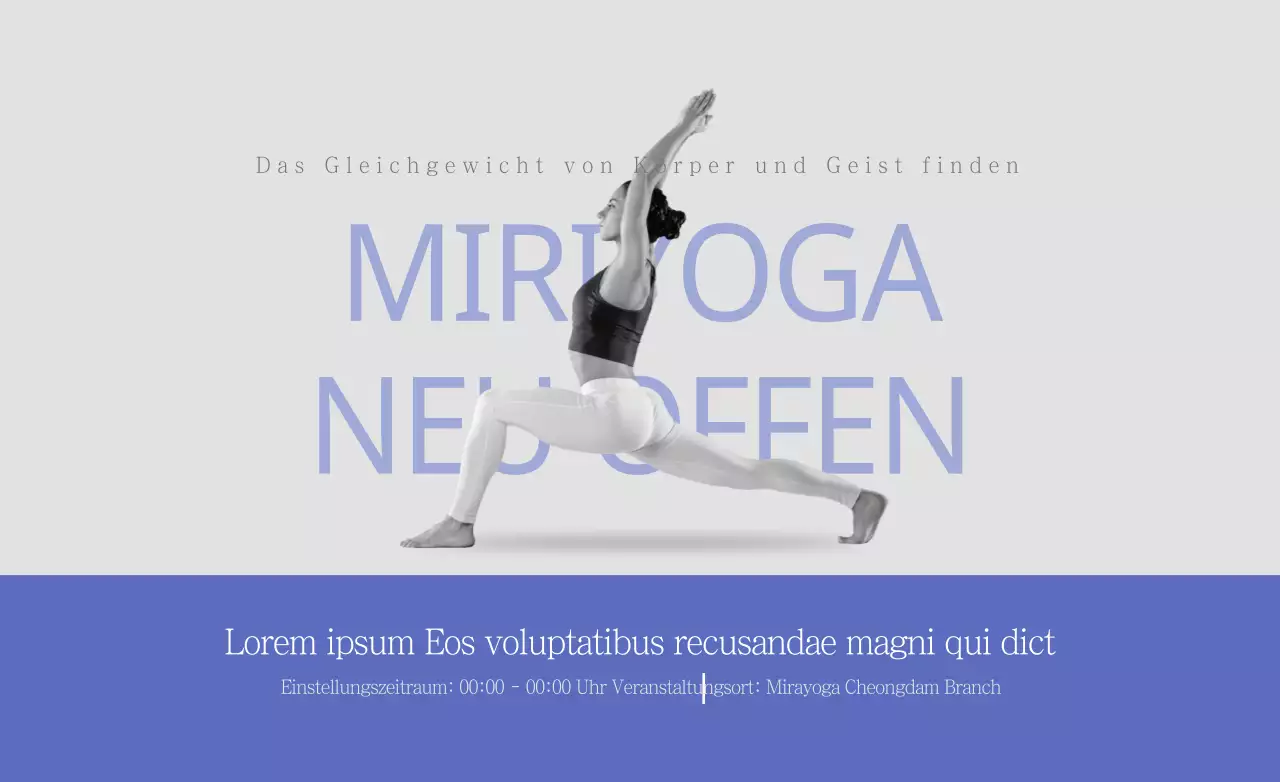 Entwurf eines Werbe-Hotpacks für ein Yogastudio zur Feier seiner Eröffnung in klaren blauen und lila Farben.