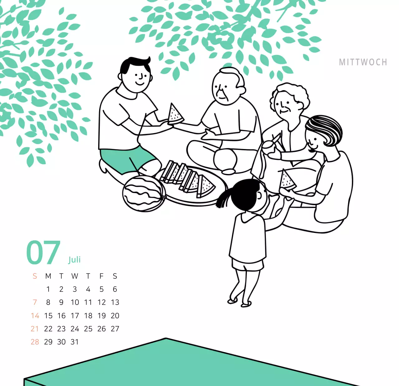 Niedlich illustrierter grüner Tischkalender mit Familienthemen