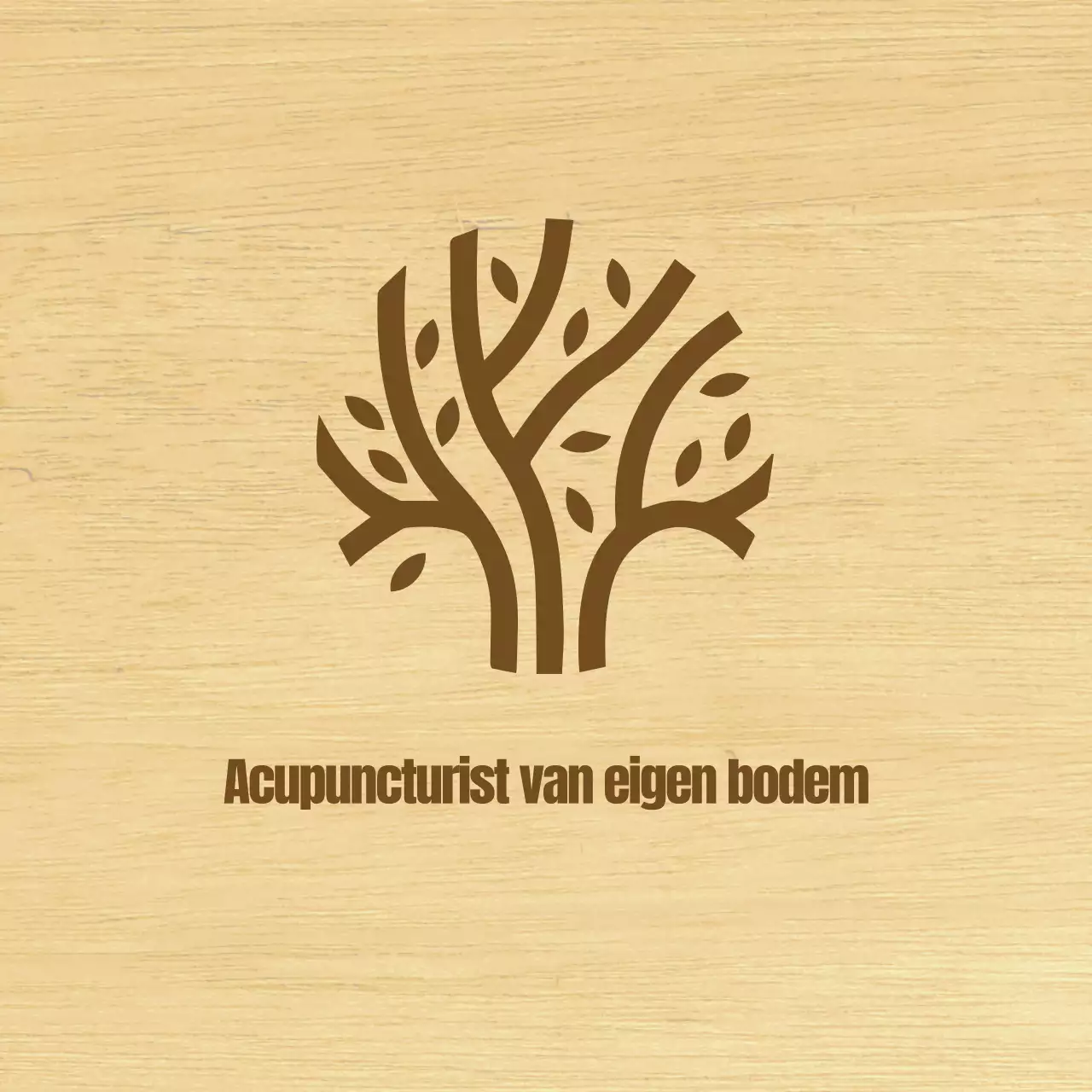 Een stijlvol bord voor een kliniek voor oosterse geneeskunde met bruine tekst en een houten lijnillustratie.