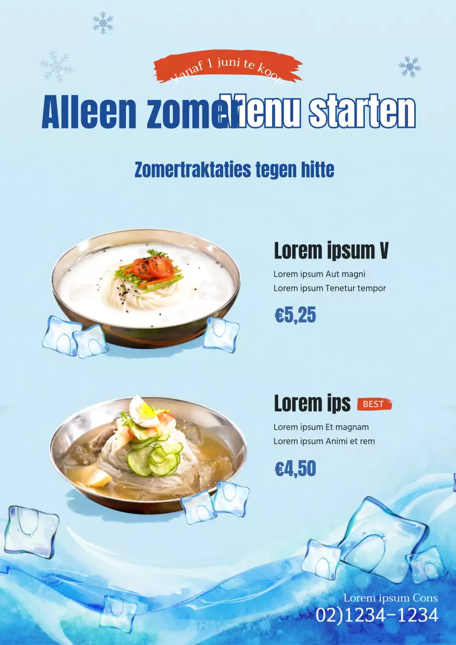 Promoot het zomermenu van je restaurant met een koele, ijsblauwe achtergrond