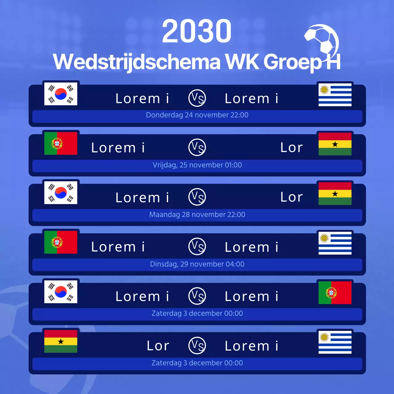 Helderblauw en marineblauw voetbalschema