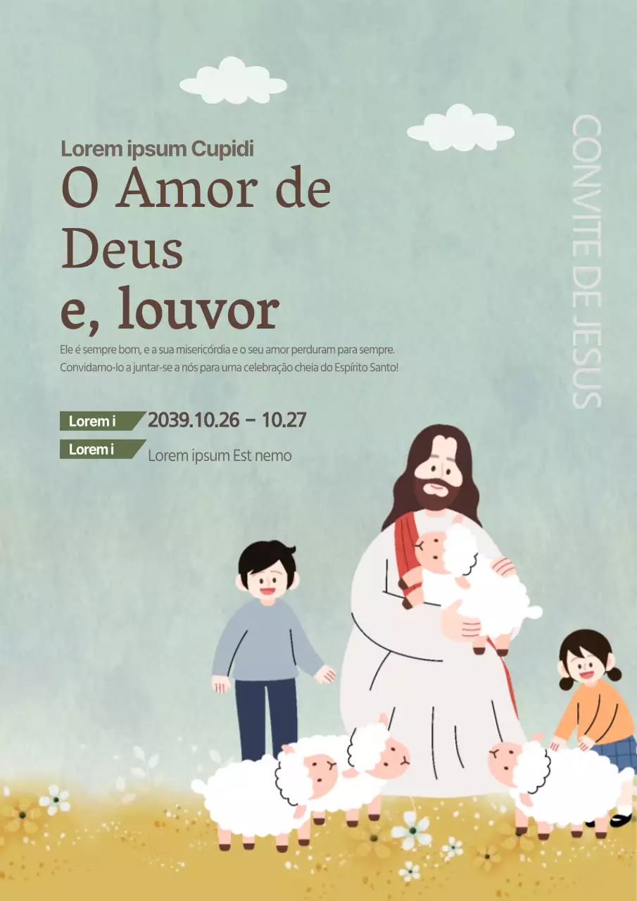 Promover uma festa da igreja com uma ilustração de Jesus e crianças em azul claro.