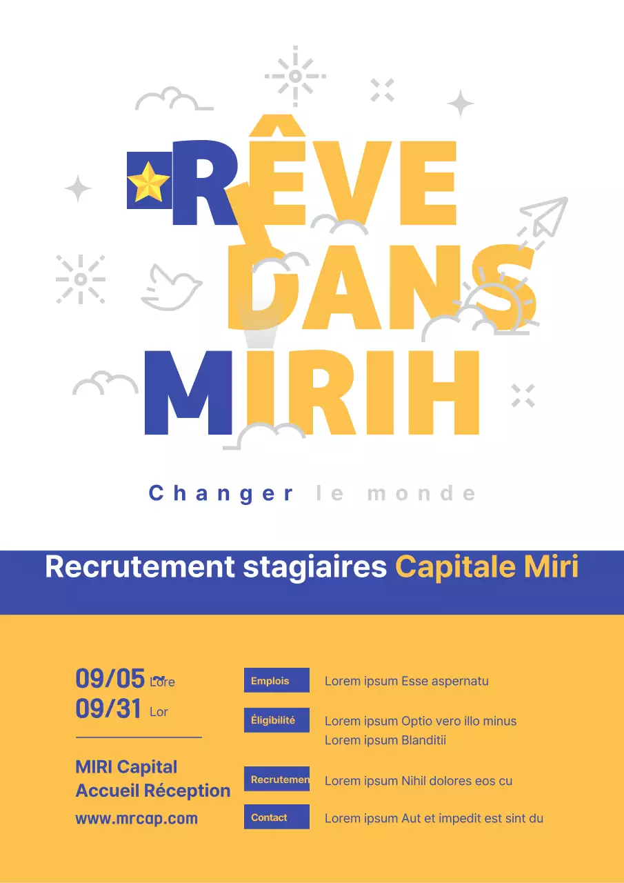 Thème d'affichage d'offres de stage jaune, bleu marine, avec un concept de typographie propre