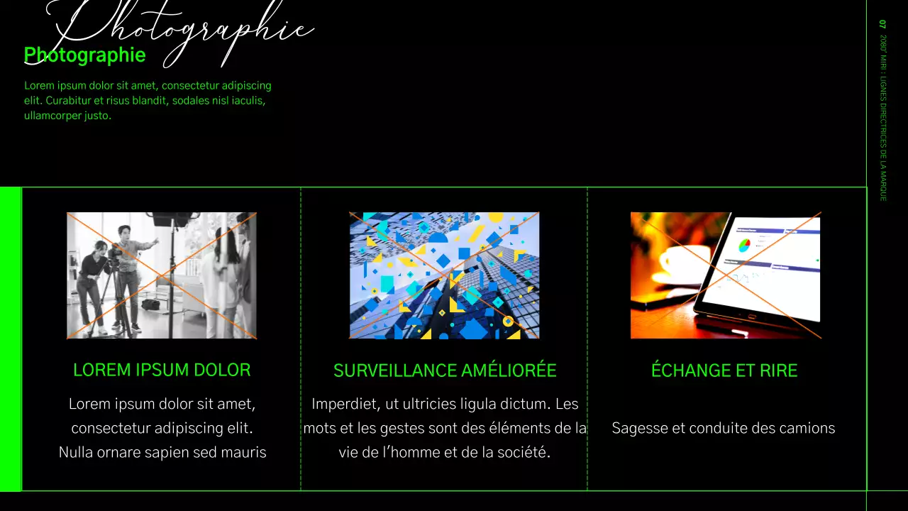 Lignes directrices relatives à l'identité de la marque dans un format quadrillé vert lime et noir