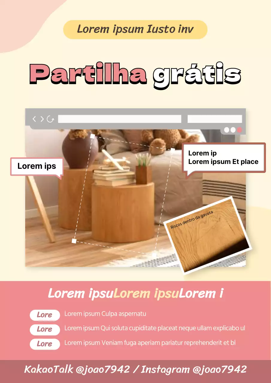 Cartaz que promove a partilha gratuita de mobiliário de interior em tons de rosa suave