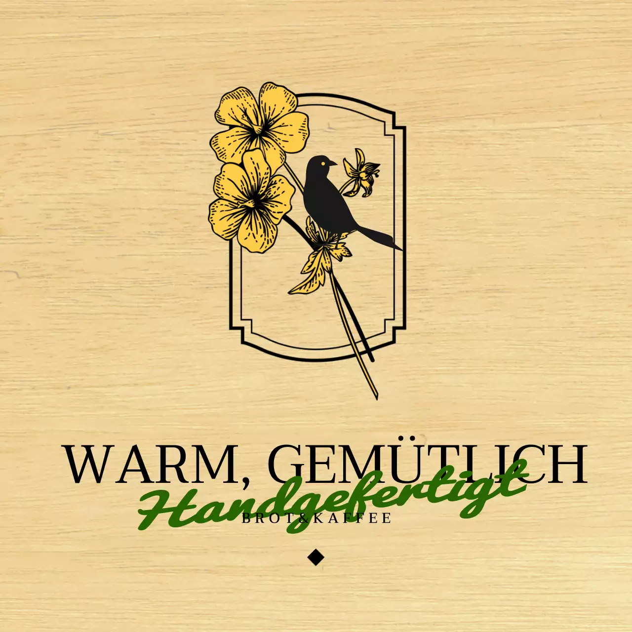 Emotionales Bäckerei-Café-Design mit schwarzen und gelben Blumen- und Vogelillustrationen