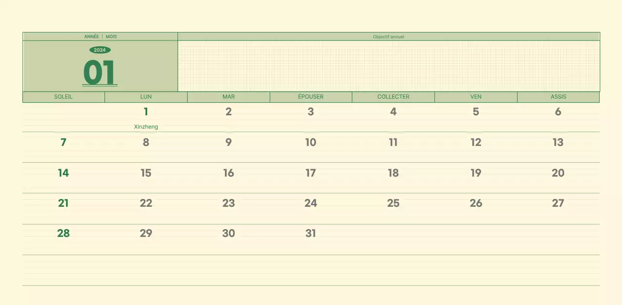 Calendrier mural SAT D-day notepad concept en vert et jaune clair