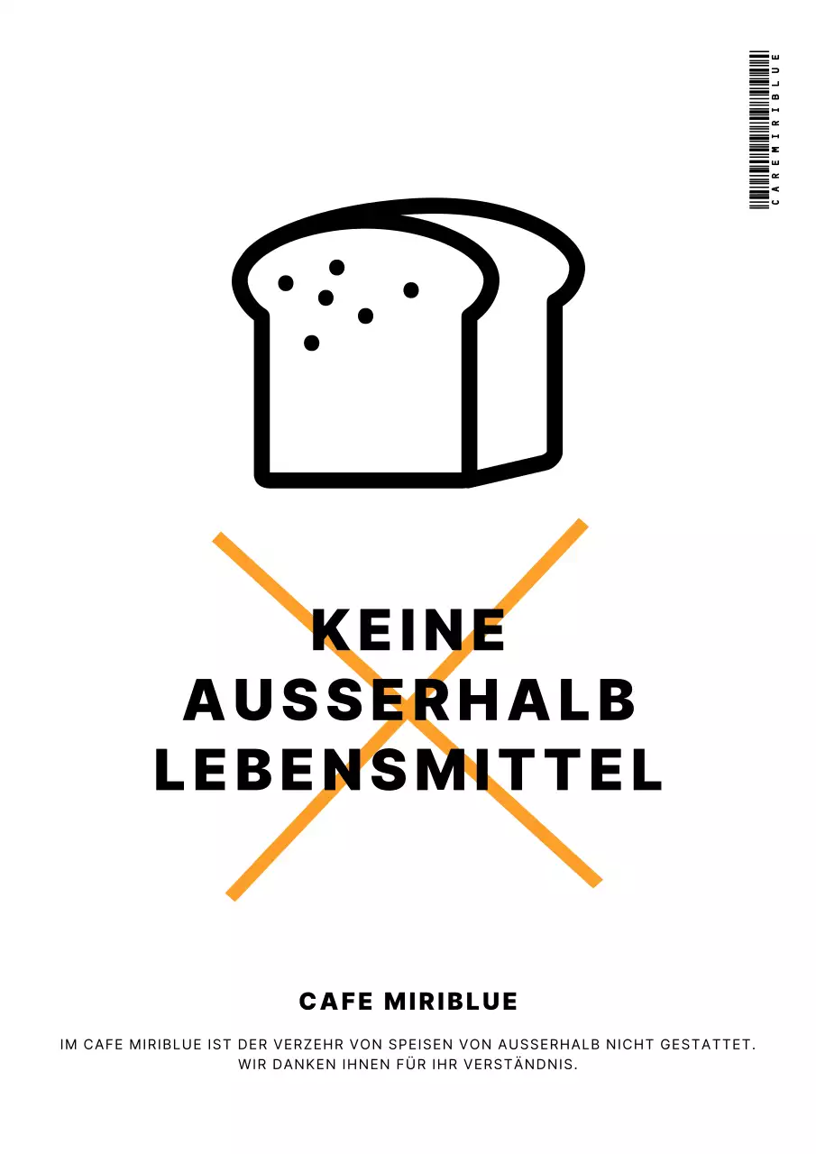 Ein einfaches weißes und schwarzes Schild, das Essen außerhalb von Cafés verbietet
